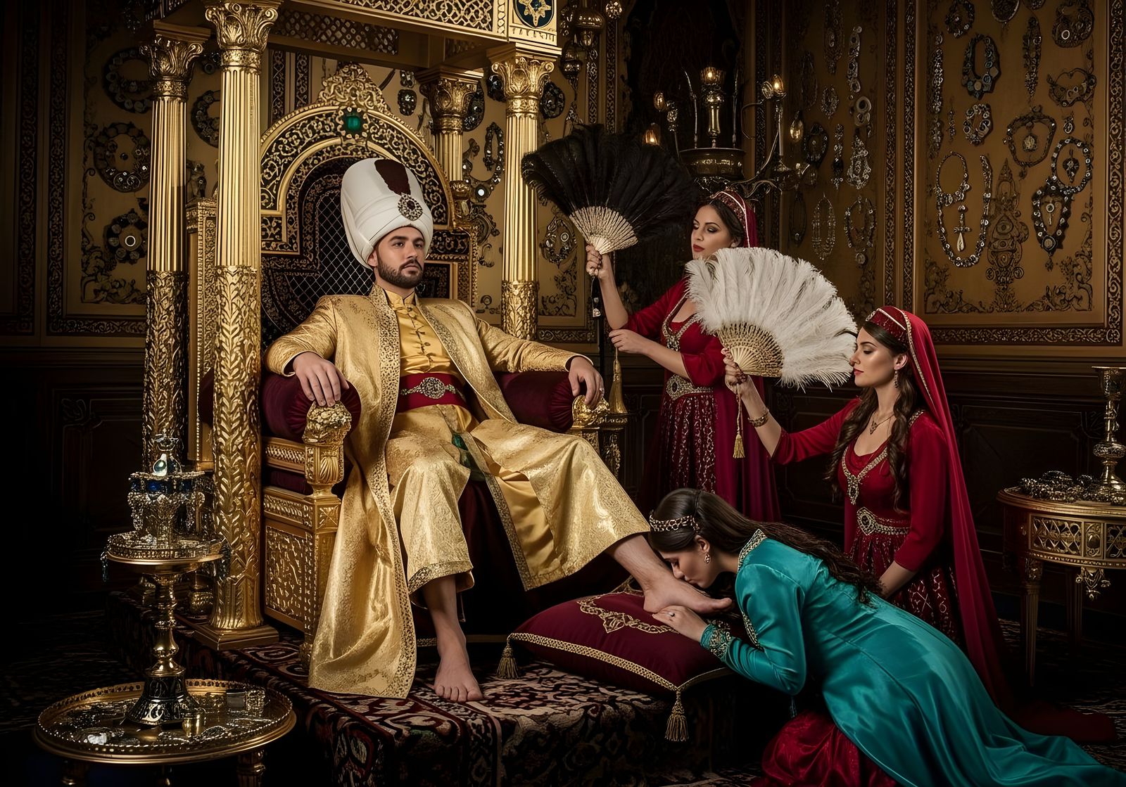Ottoman Sultan on Jeweled Throne in Palace