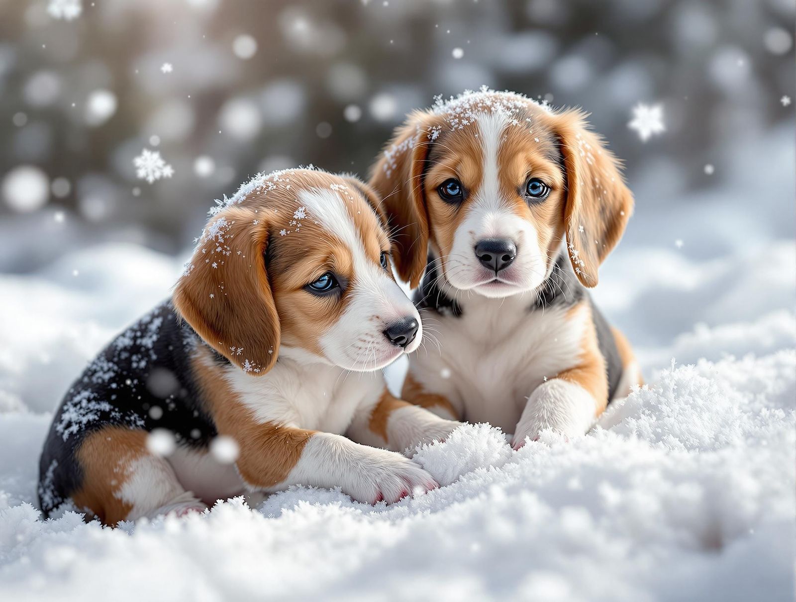 Winter Beagles in Serene Snowy Landscape