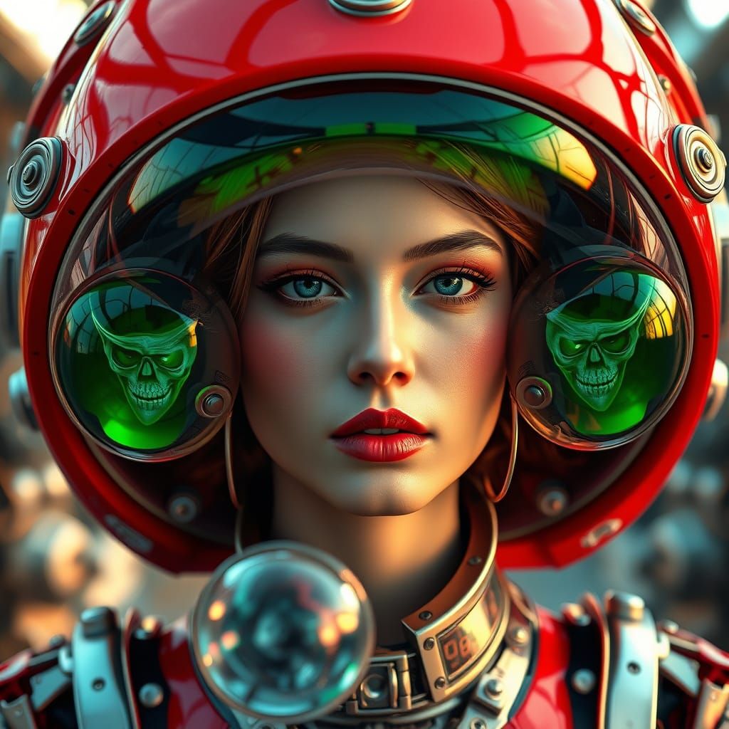 Woman with Red Foam Hat and Bubble Reflections