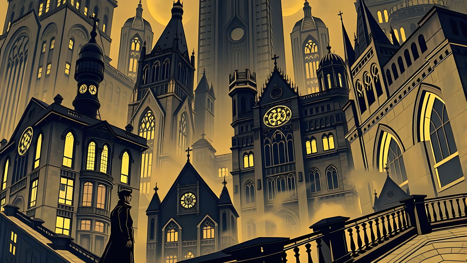 Gothic Cityscape Unveiled in Nocturnal Fog