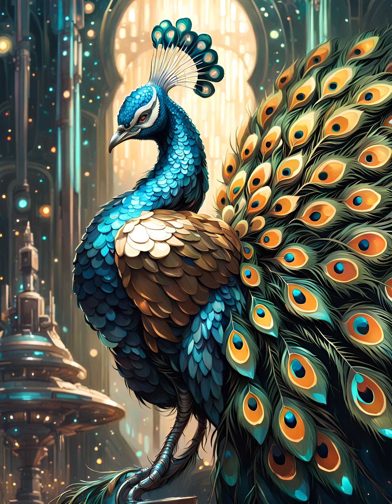 Metallic Robotic Peacock in a Cyberpunk Forest