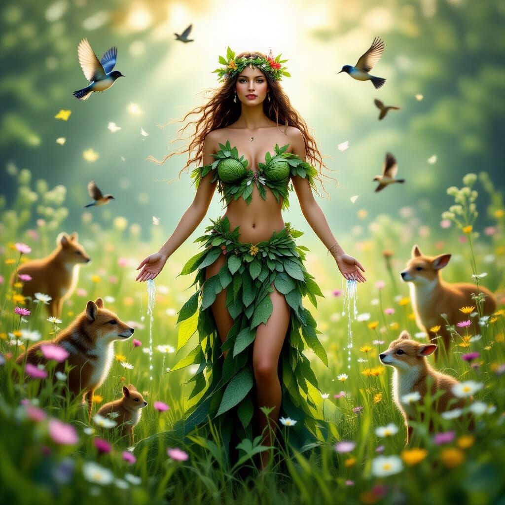 "Earth goddess in nature, dress made of leaves and water, standing in wildflower meadow, surrounded by animals, birds fl...