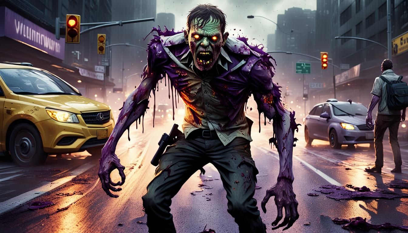 Zombie's Horrific Commute in Dark Fantasy Style