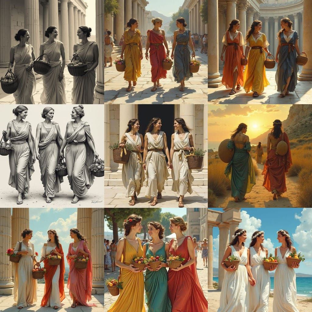 Ancient Greek Women Emerging from the Parthenon in Joyful Co...