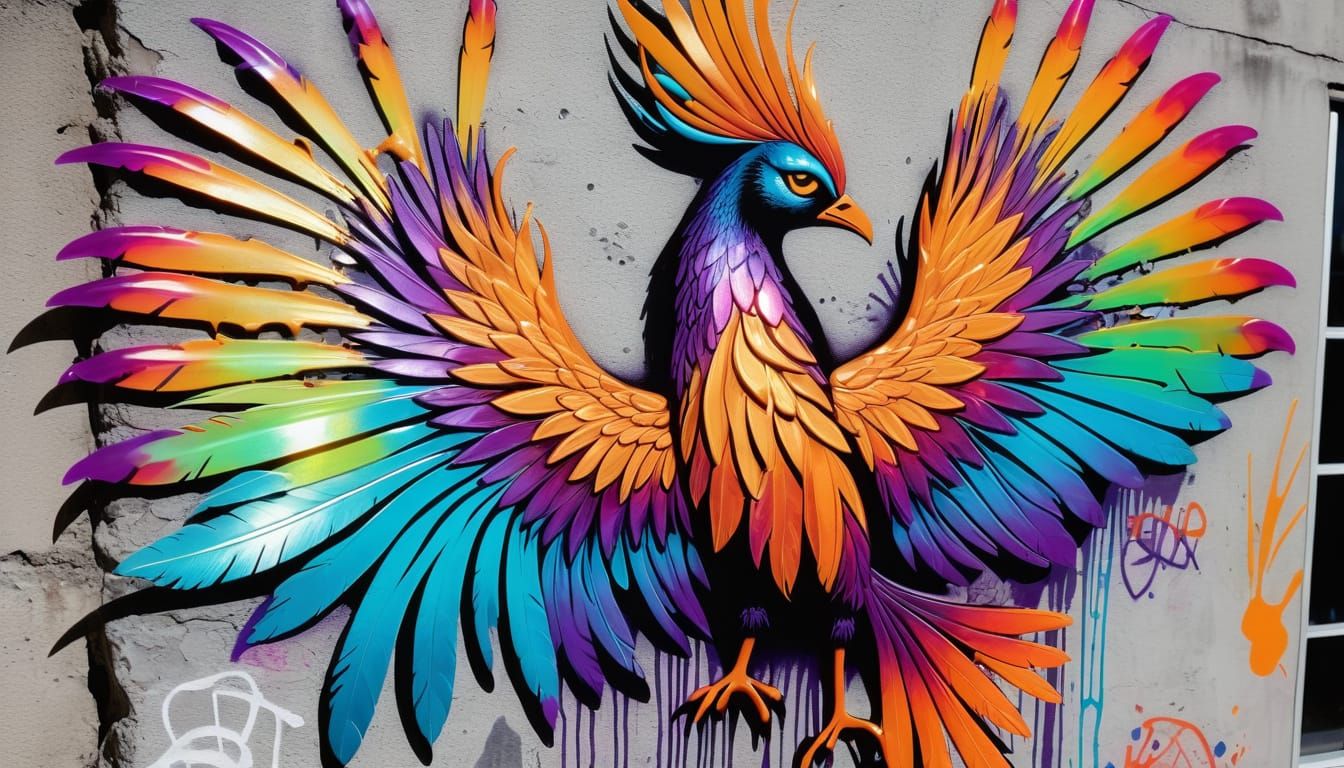 Mystical Phoenix Graffiti Art on Urban Wall