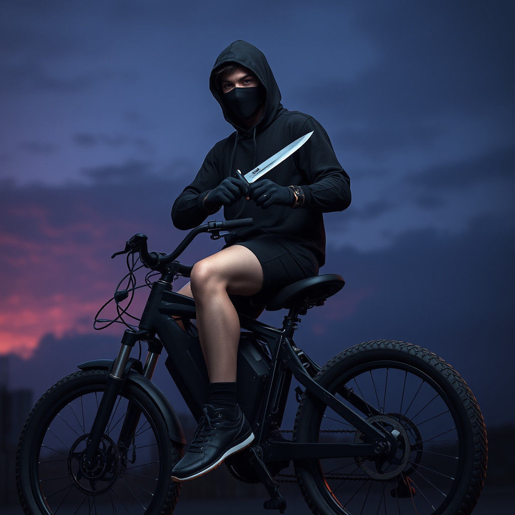Dark Figure on E-Bicycle: Ominous Knife and Vulnerable Legs