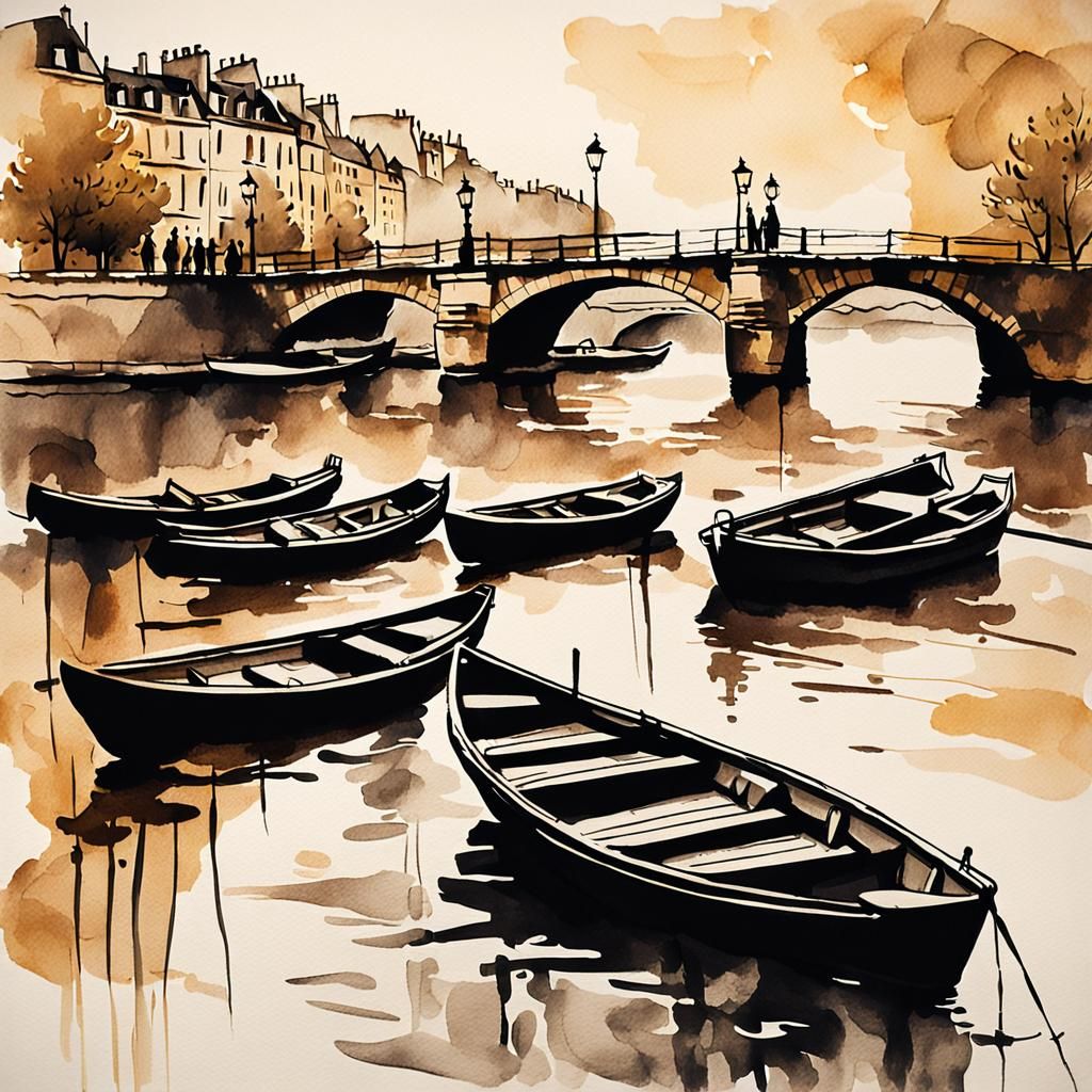Silhouette of boats on the river Seine