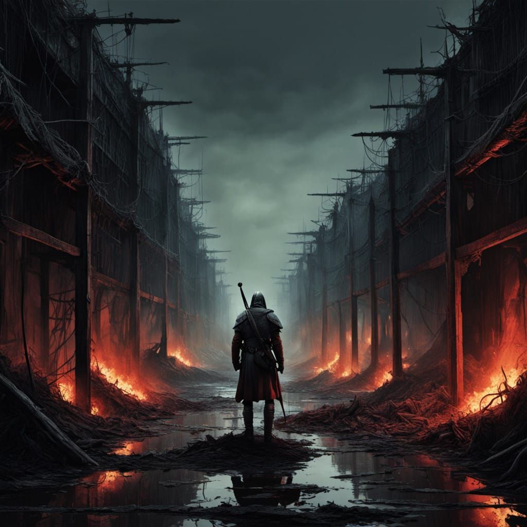 Medieval Knights Charge Through a War-Torn Trench in a Dark ...