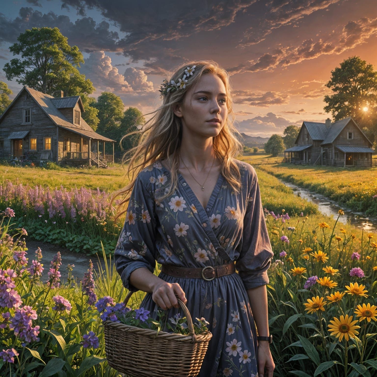 Girl Picking Flowers in a Sunset Farm Scene