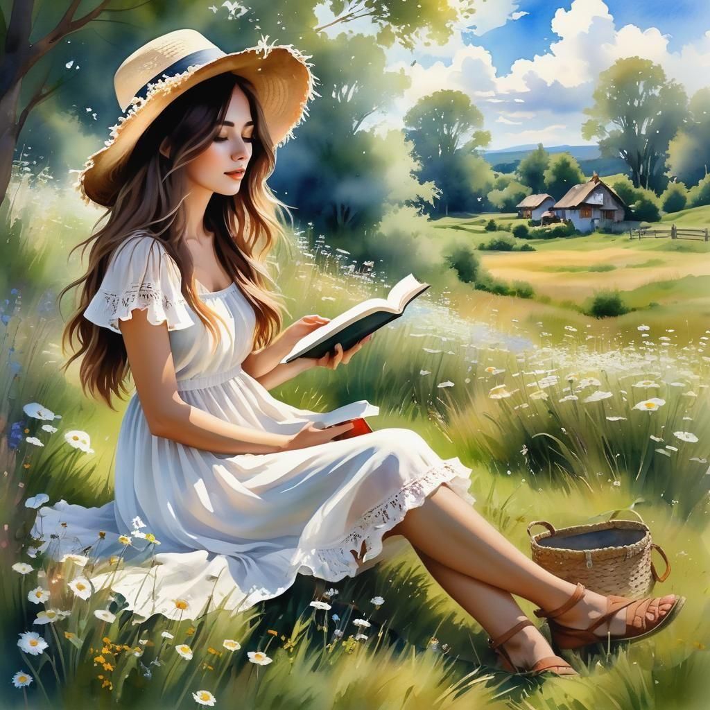 a young woman sit in a flower meadow,