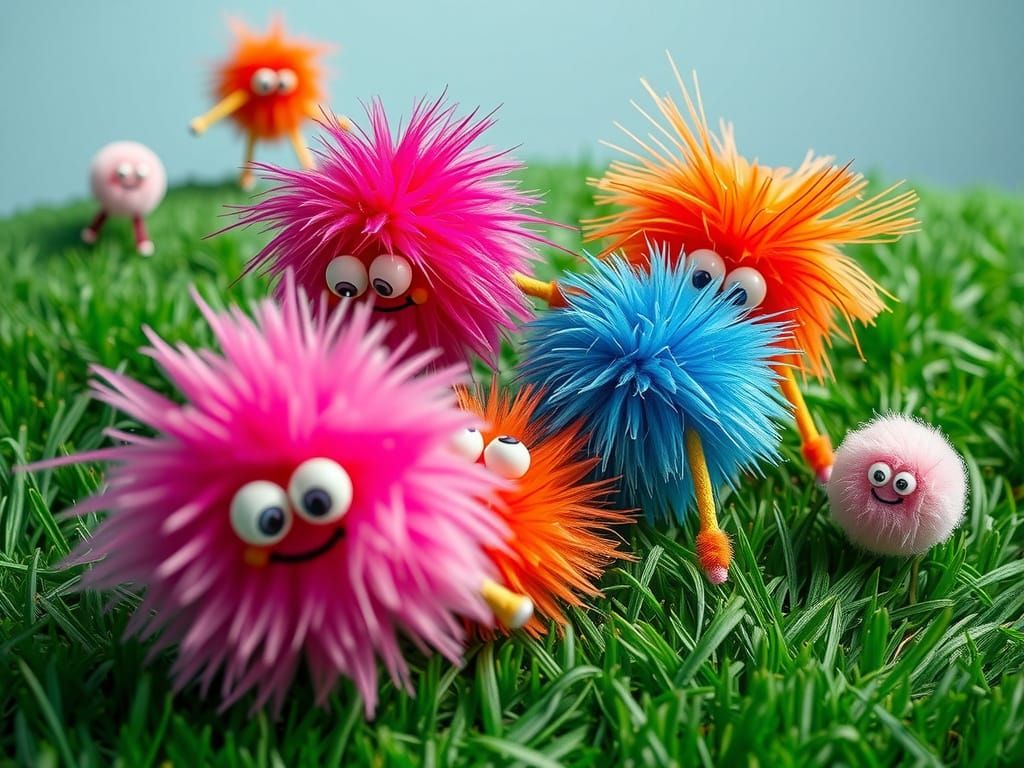 Whimsical Pompom Characters on Emerald Green Landscape