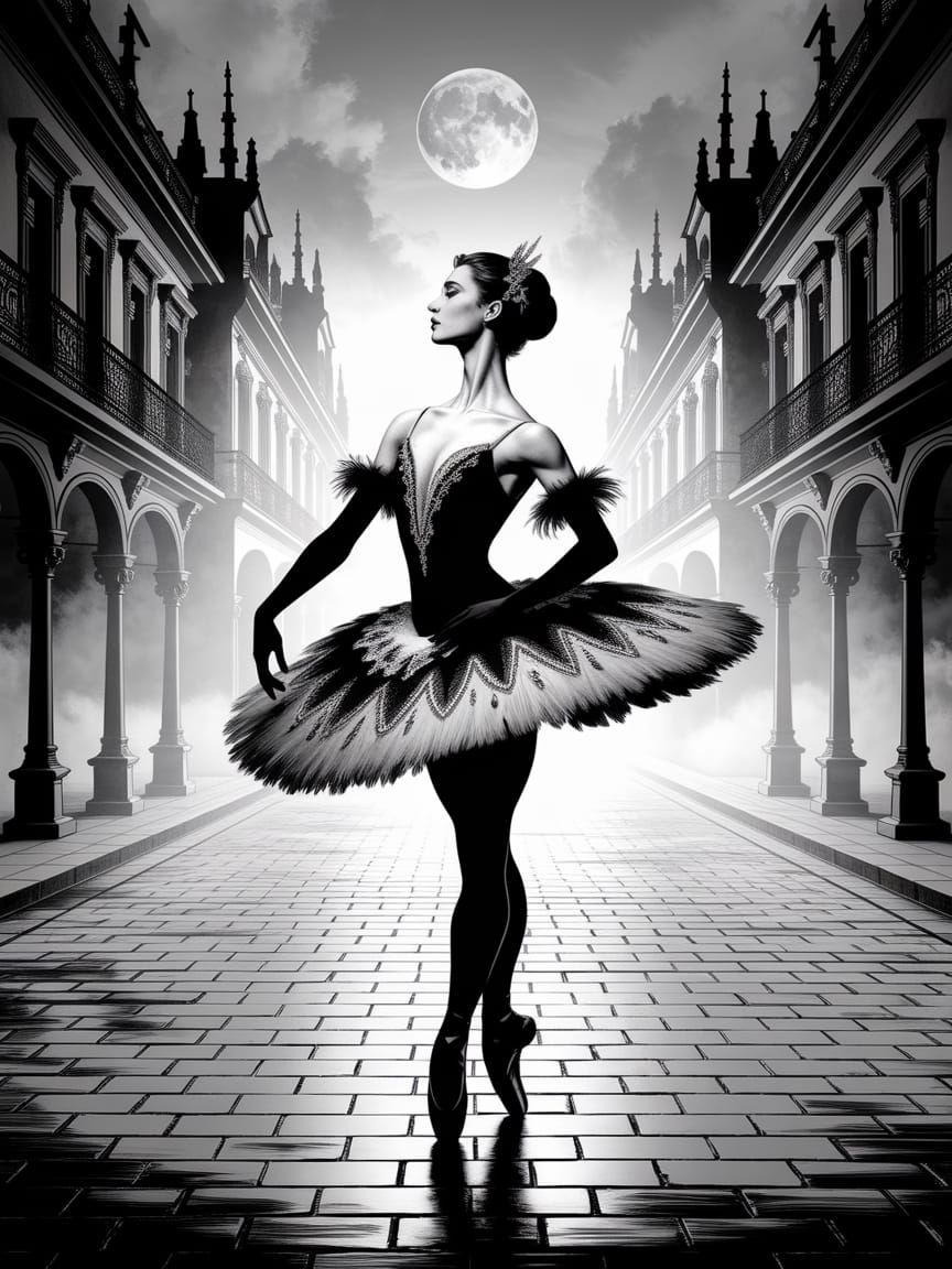 Black Swan Ballerina in Art Nouveau Ink Drawing