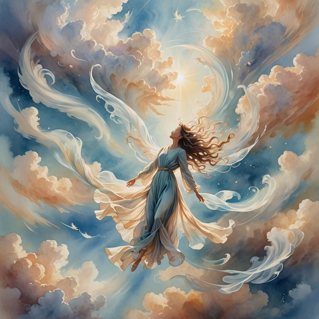 Ethereal Winged Figure in Surrealist Watercolor Sky