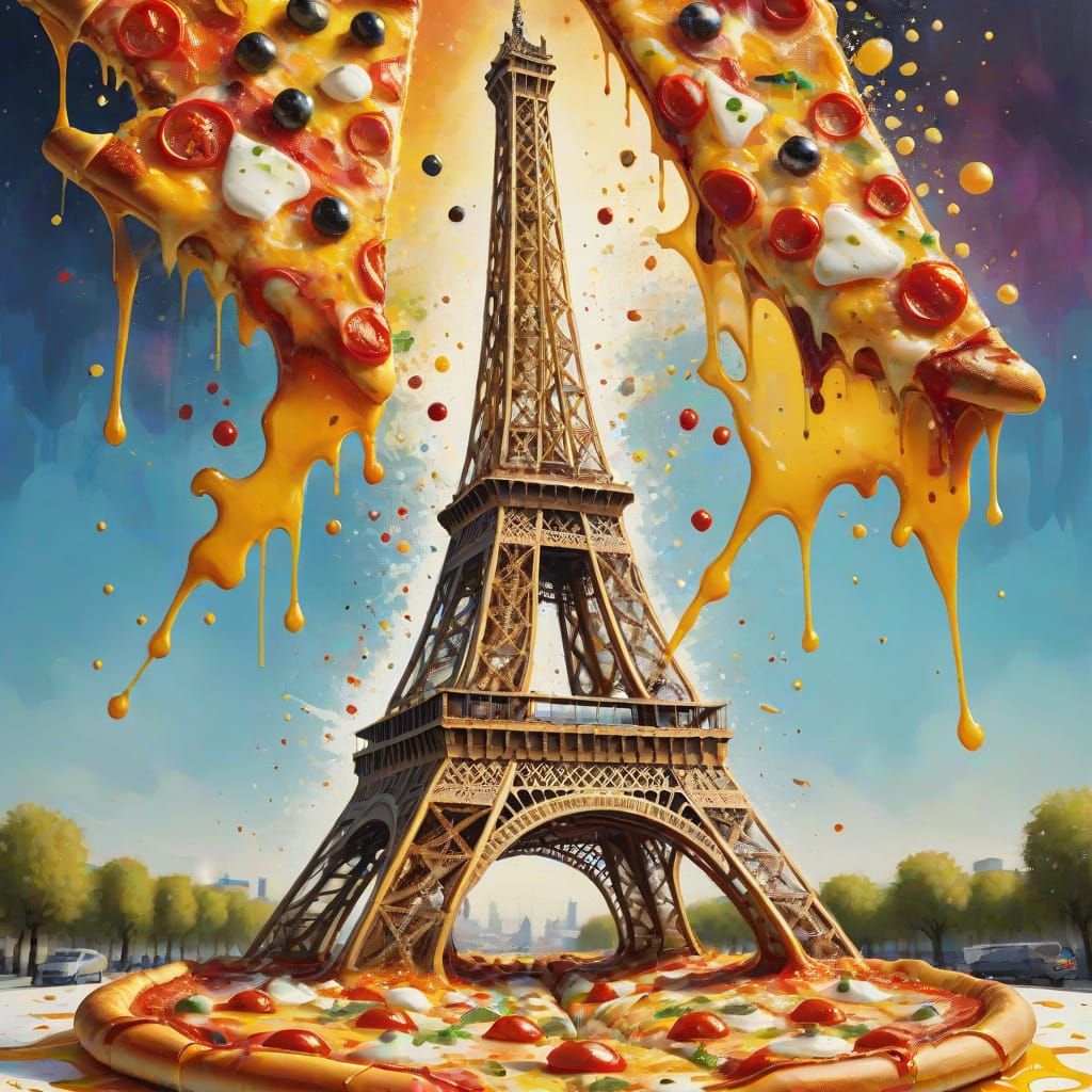 Eiffel Tower Made of Pizza in Paris, Surreal Oil Painting