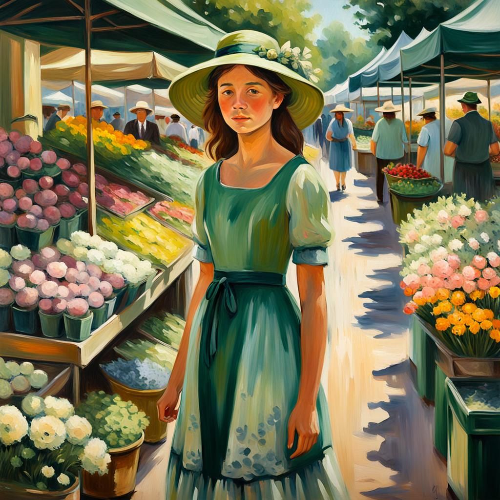 Impressionist Girl at Flower Market Painting