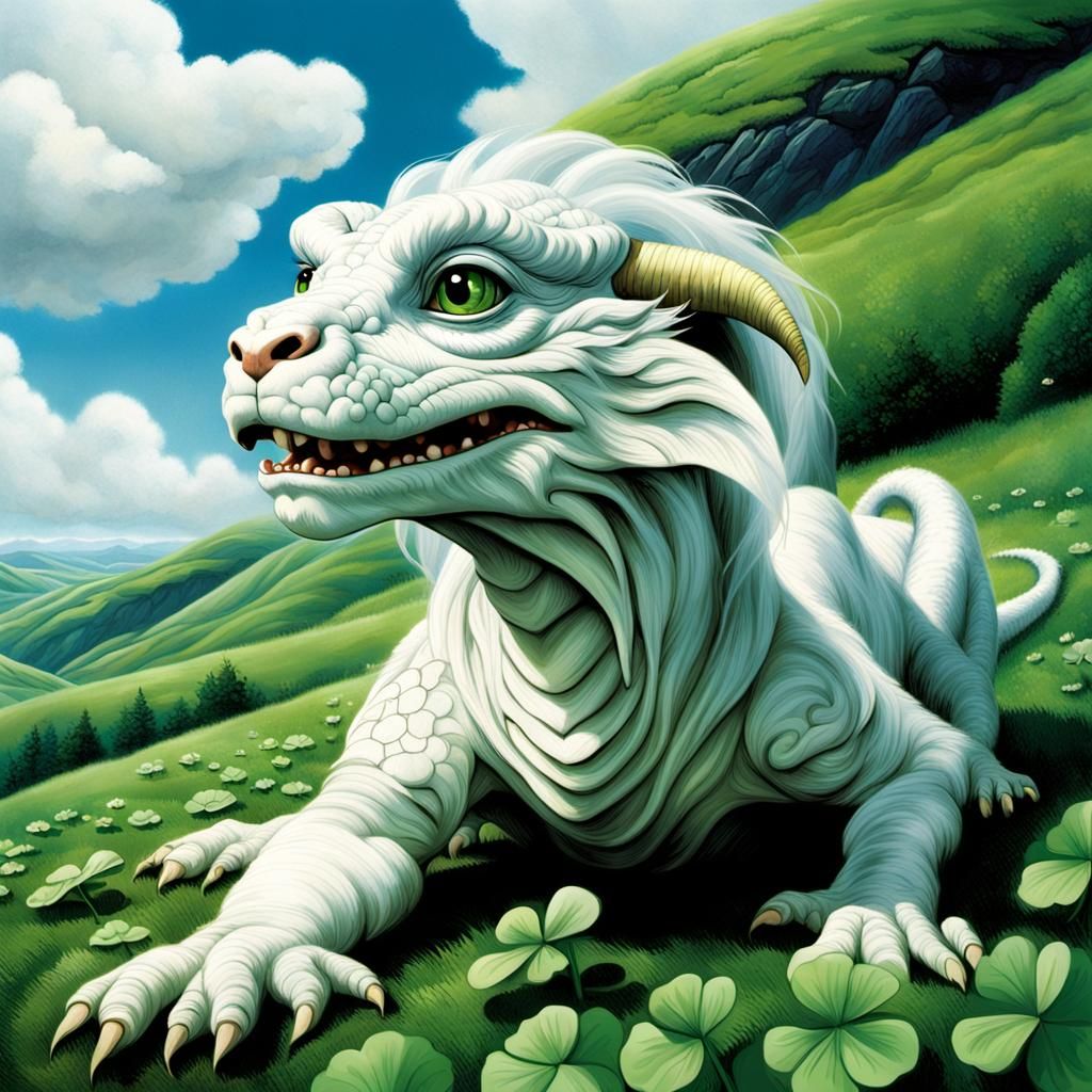 Falkor the Luck Dragon in a Field of Clovers