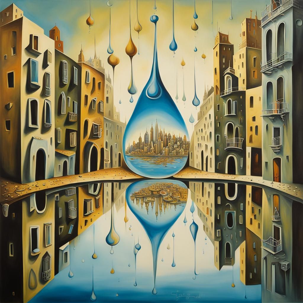 Surreal Cityscape Mirrored in Dewdrop, Salvador Dali Style