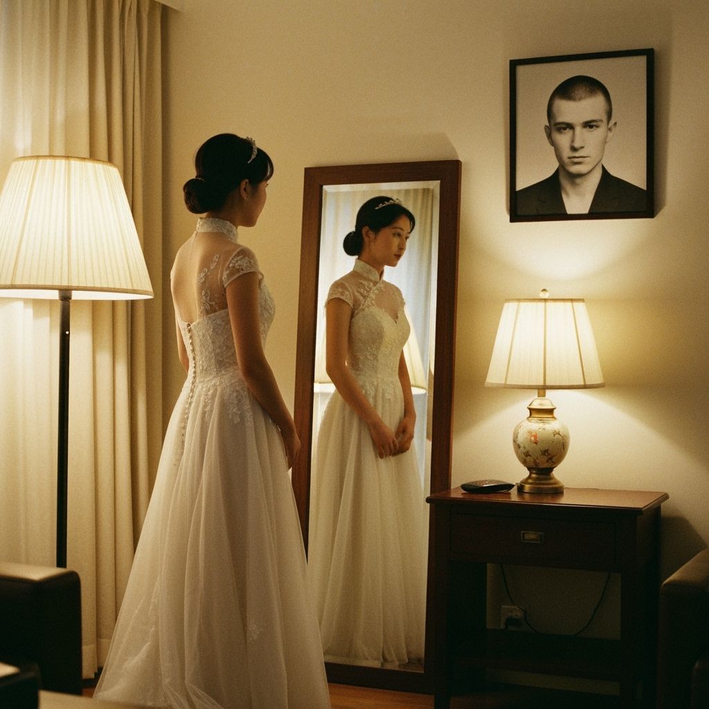 Young Chinese Woman Tries Wedding Dress in Pre-Raphaelite St...