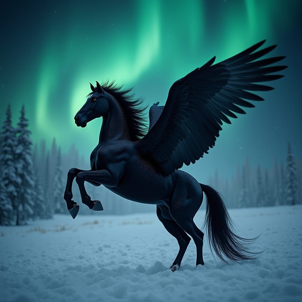 Majestic Black Pegasus Amidst Winter Wonderland