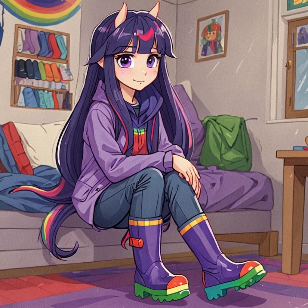 Girl with Purple Hair in Rainbow Boots