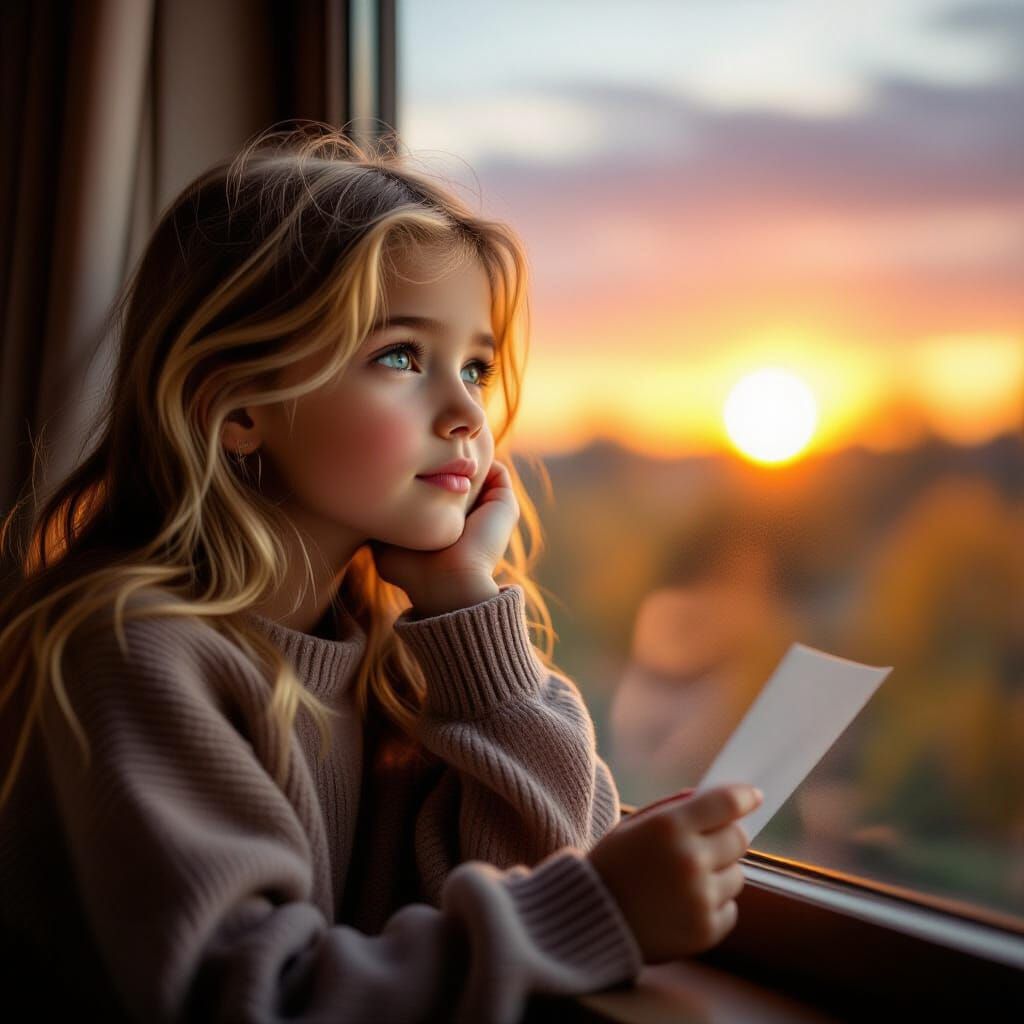 Girl Gazes At Sunset With Letter, Photorealistic Cinematic