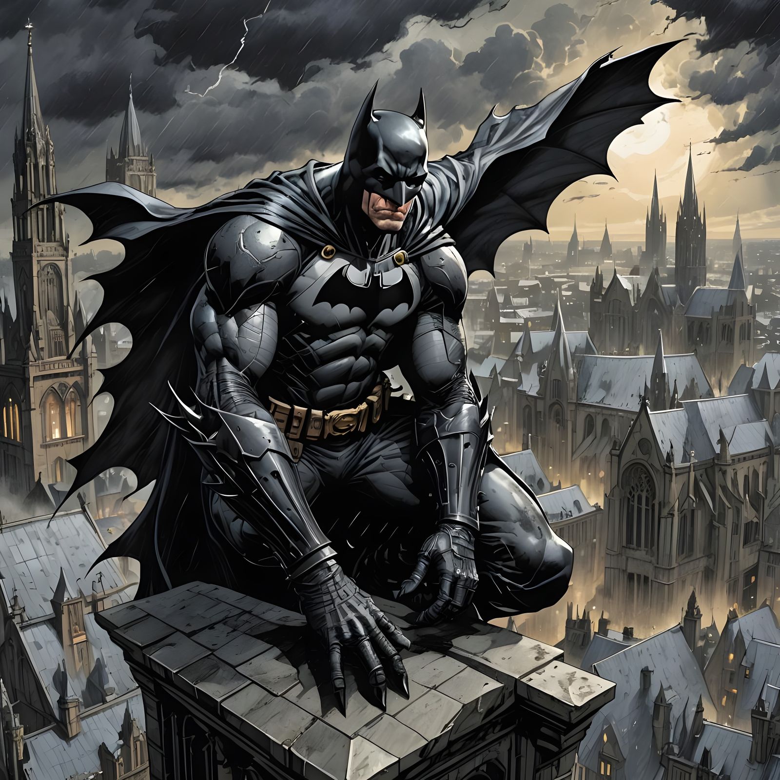 Batman on Gotham Cathedral, Comic Book Art