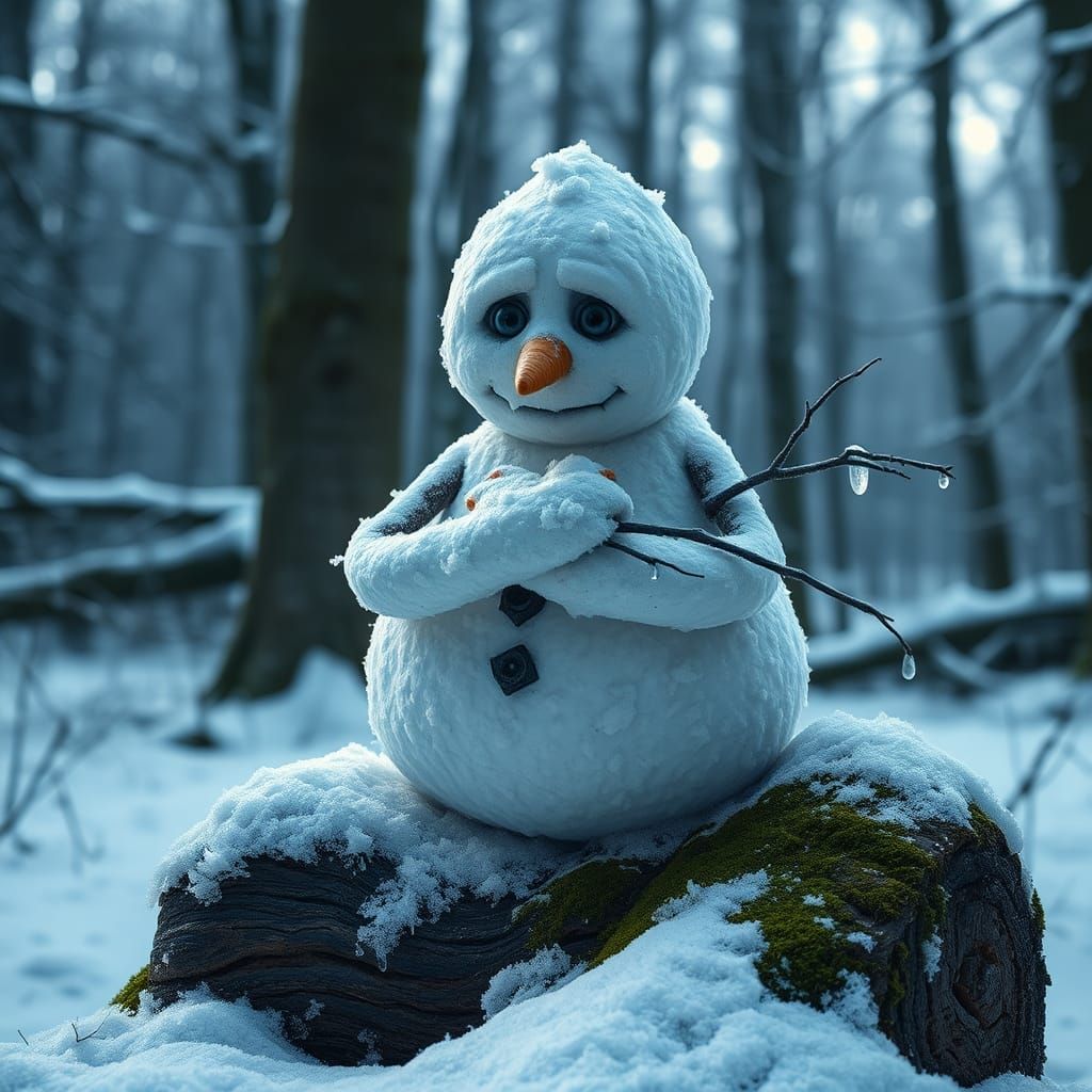 Hyperrealistic Snowman Sits Alone in the Frosty Forest