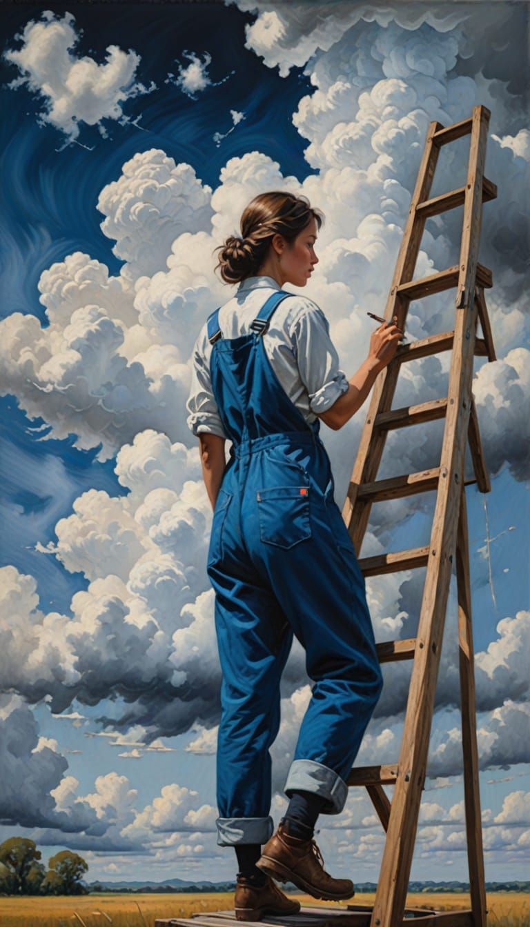 Painter on Ladder Painting Clouds as Oil Painting