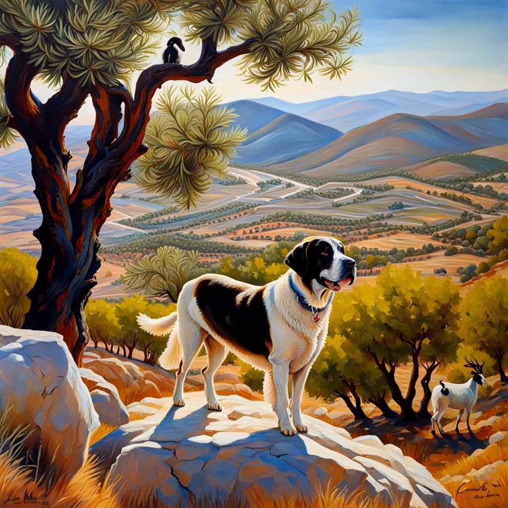 Spanish Mastiff Guarding Goats in Mountain Landscape