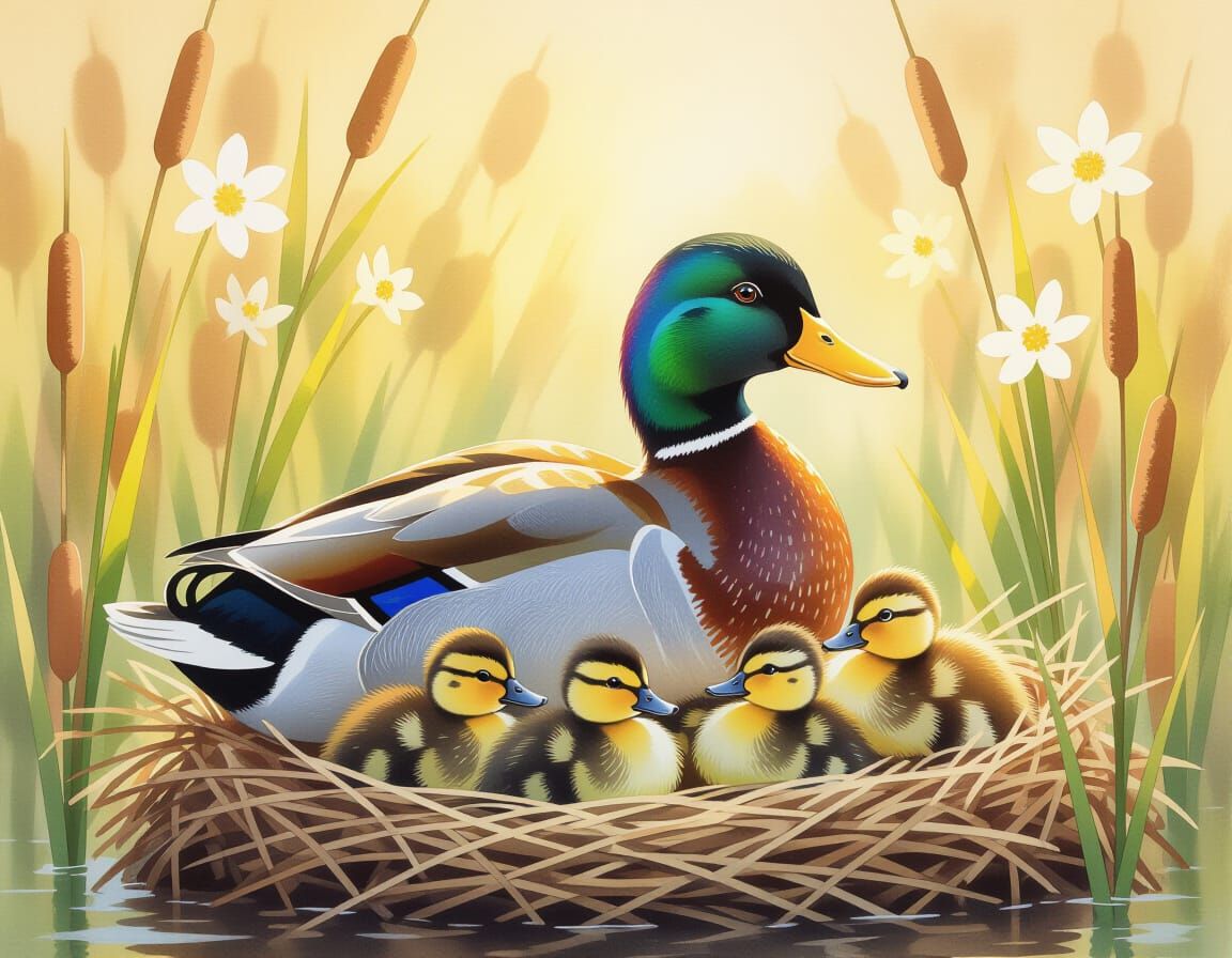 Duck and Ducklings in Golden Sunlight, Watercolour Style