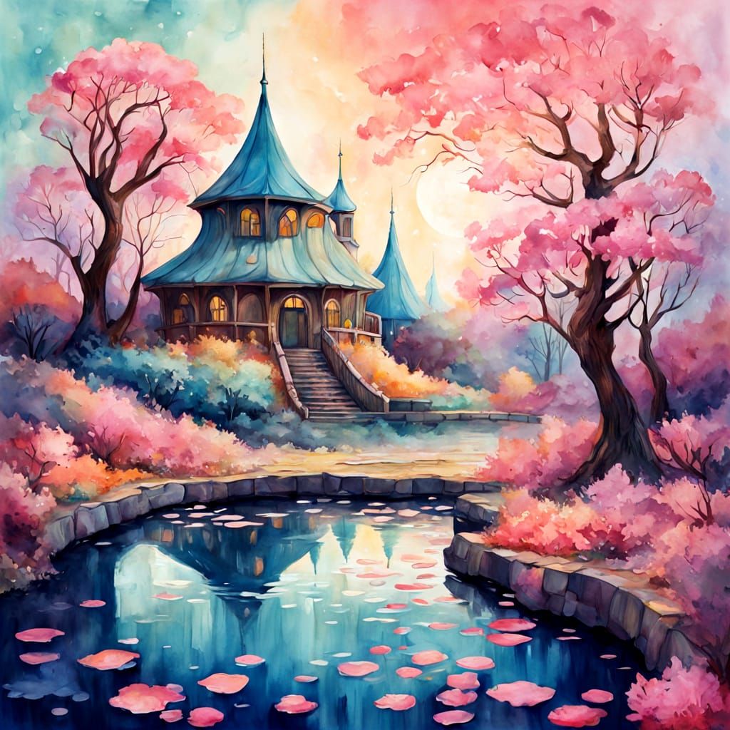 Whimsical Blossom Park with Fantastical Creatures