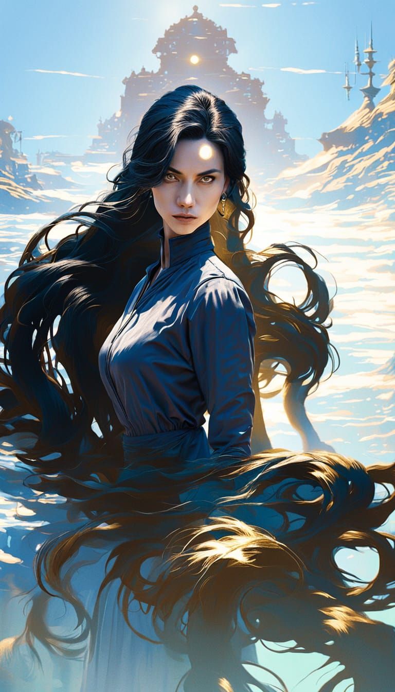 Elegant Woman with Black Hair in Realistic Anime Style