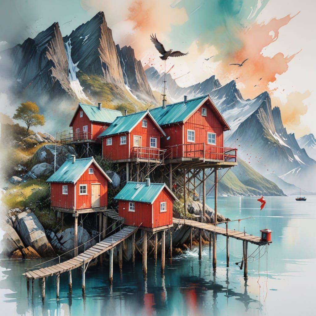 Lofoten Peaks and Fjords in Textured Pastel