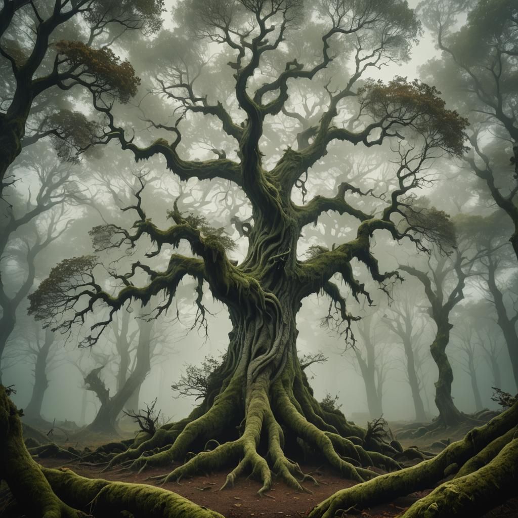 Mystical Ancient Tree in Misty Forest Landscape