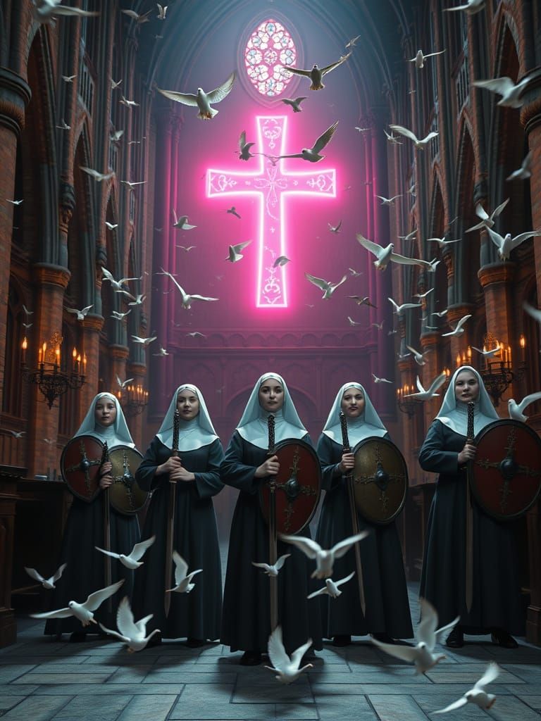 Nuns with Swords in Gothic Church
