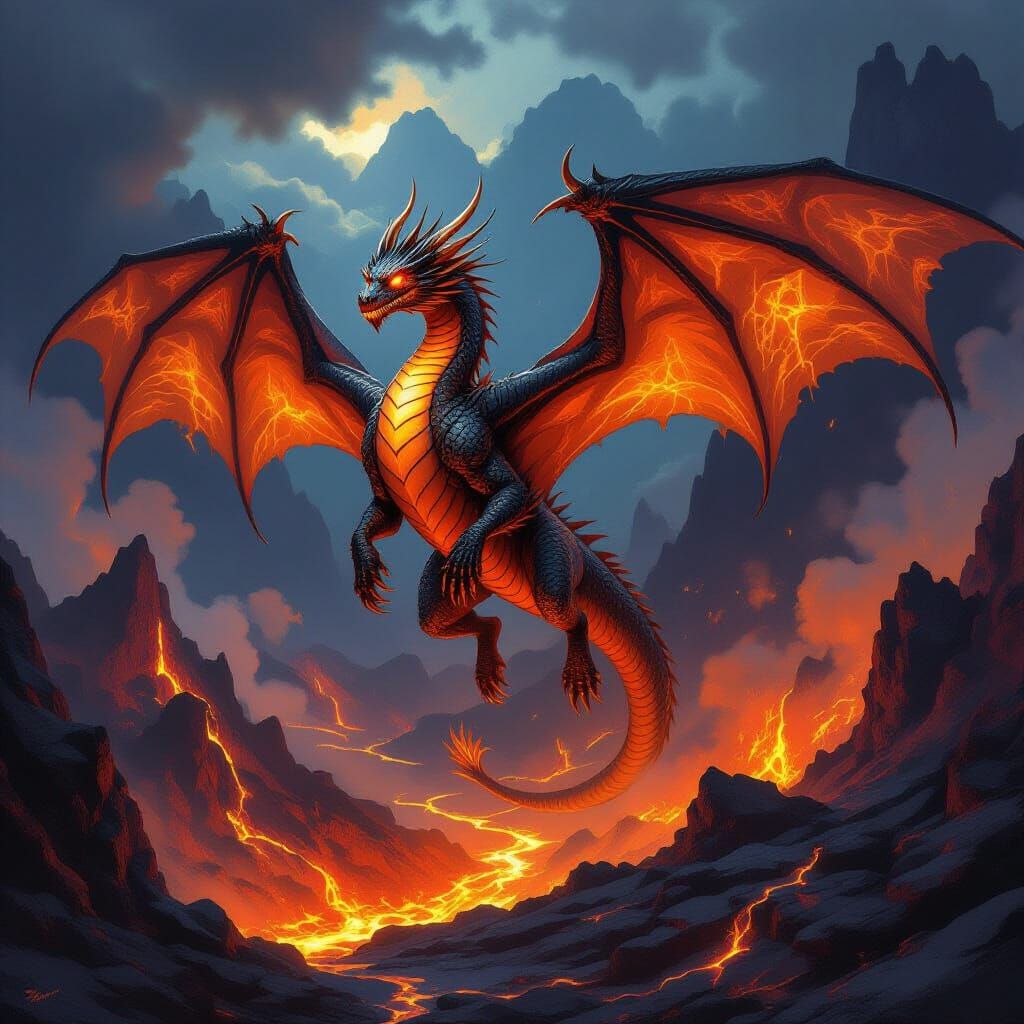 Fire Dragon Soaring Over Volcanic Landscape