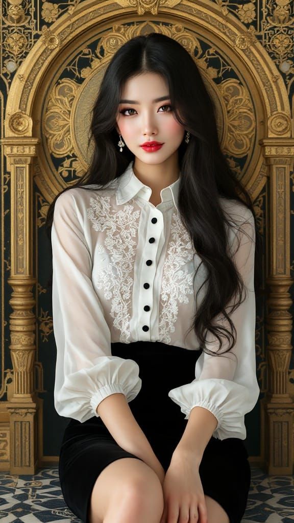 Elegant Chinese Woman in Opulent Golden Setting