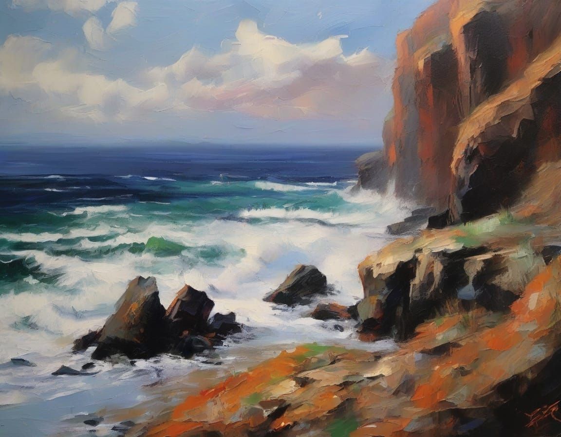 Abstract Acrylic Painting of Person Walking Cliffs