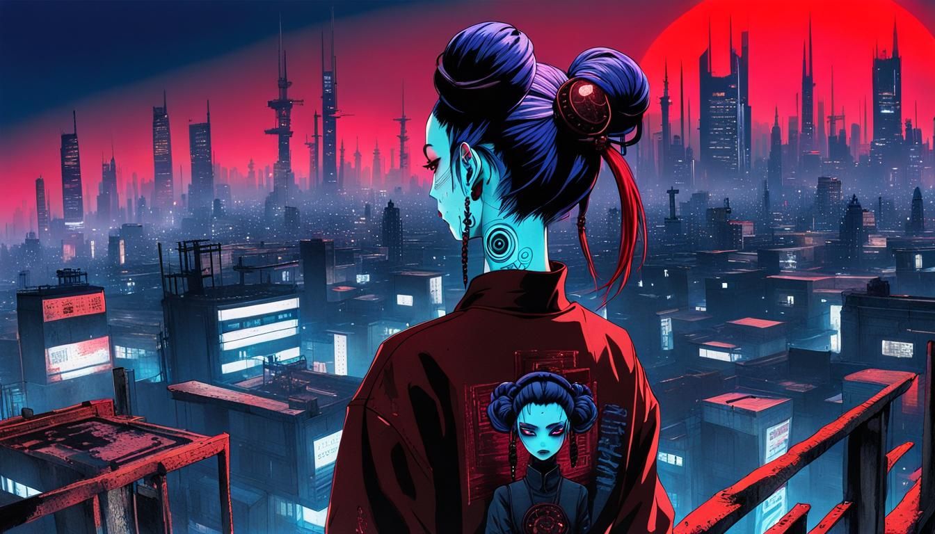 Cyberpunk Girl in Junji Ito Style Before Neon Skyline