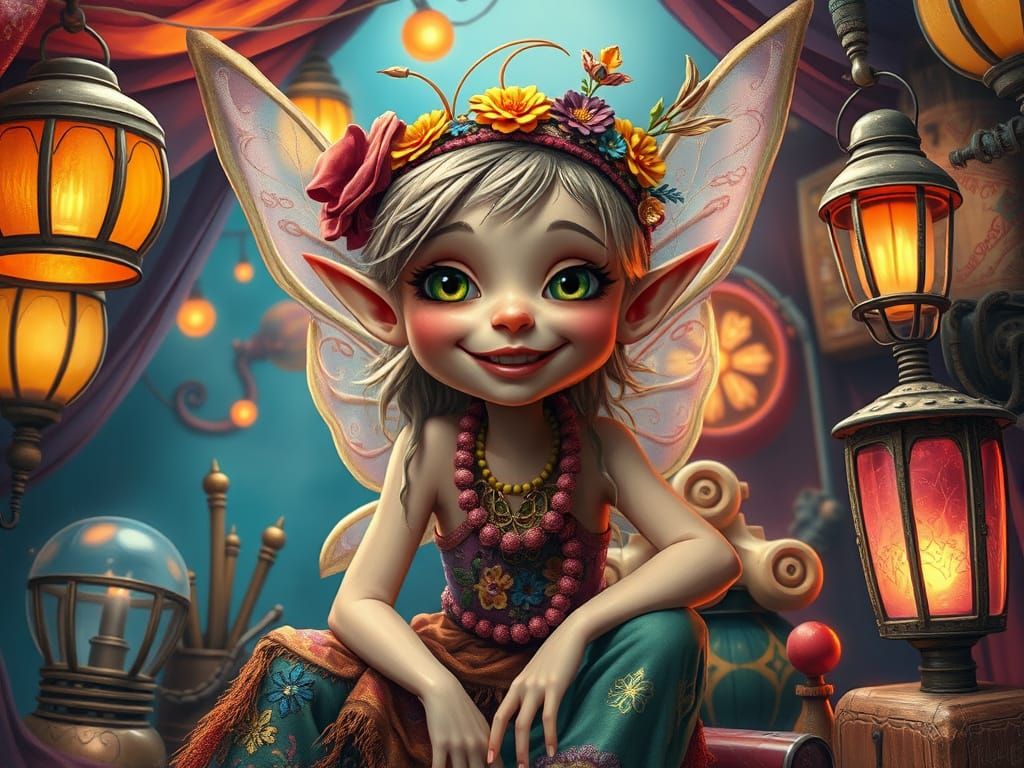 Hippie Fairy in a Circus, Comical Oil Painting