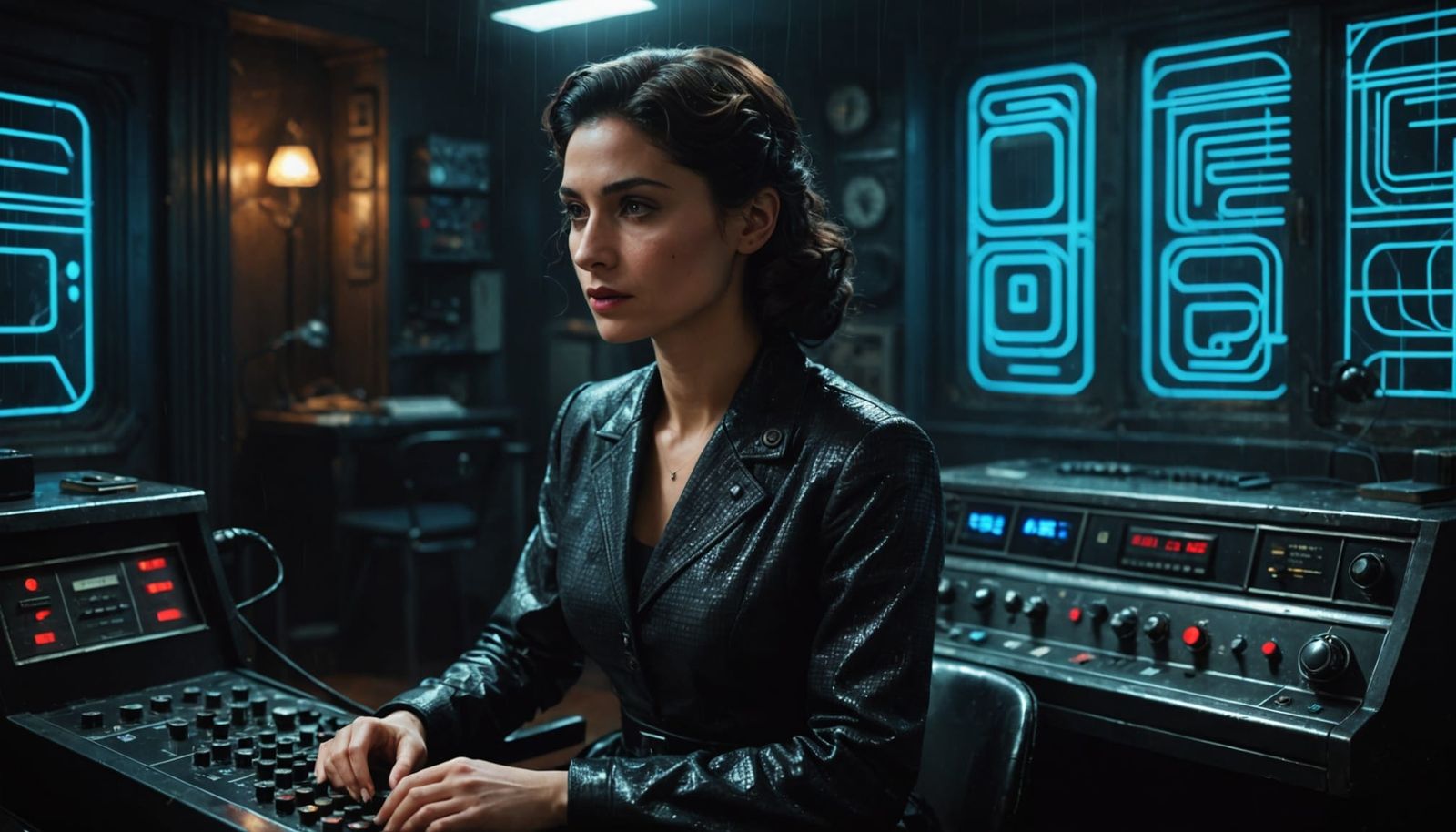 Woman in Black Agent at Retro-Futuristic Console
