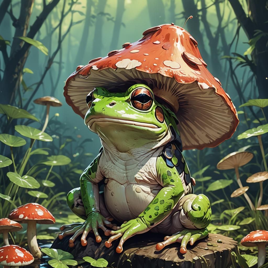 Frog with Mushroom Hat in Anime Style