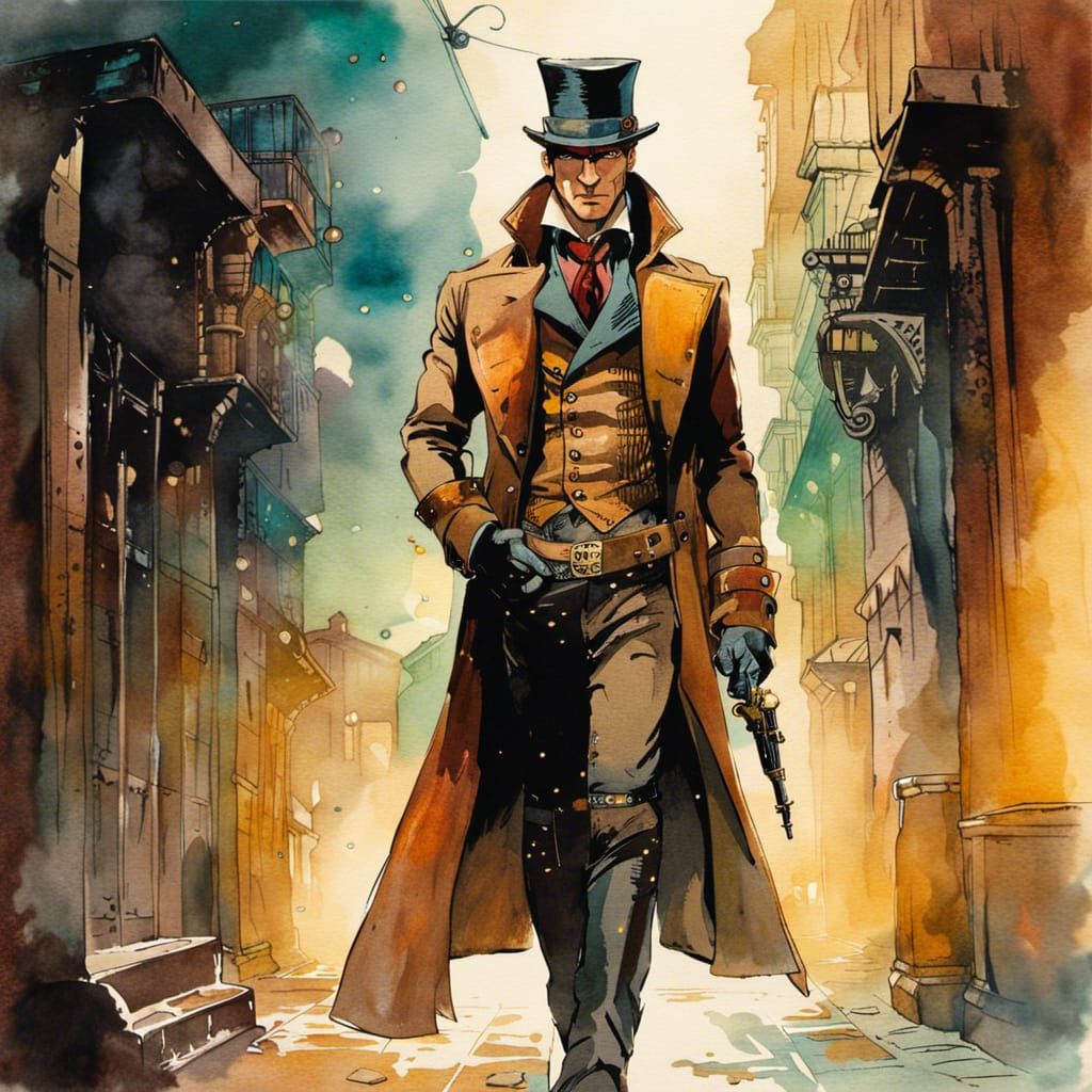 Steampunk Rogue in Alleyway Watercolor Portrait