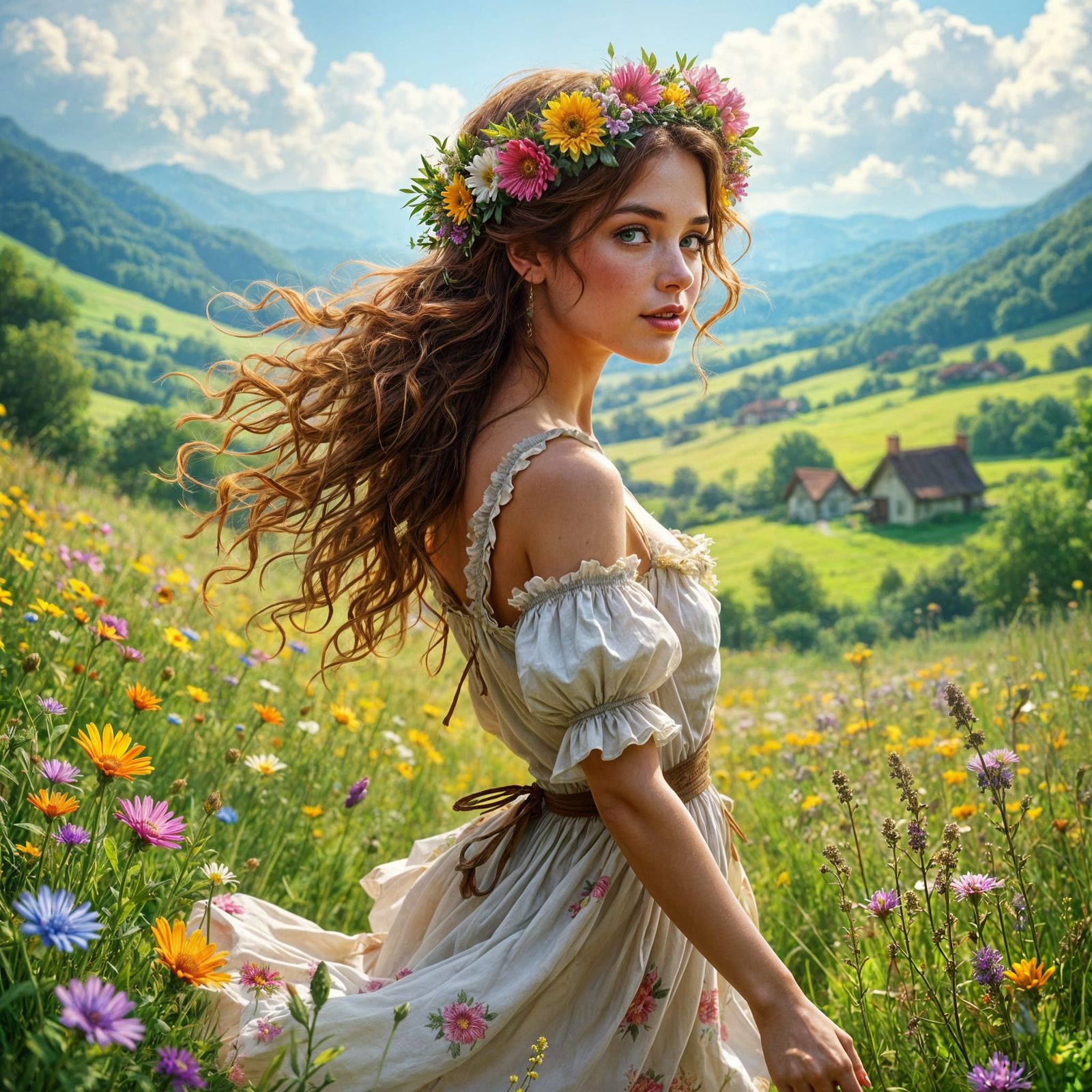 Fantasy Wench Dancing in Flowery Meadow Illustration