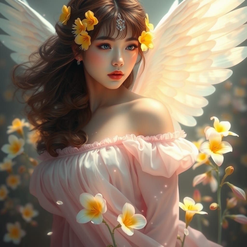 Woman with Flowers: Digital Art in Ethereal Style