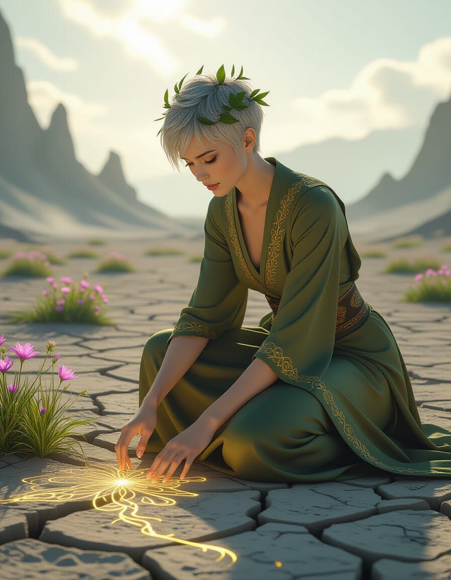 Guardian Kneeling in Bioluminescent Wasteland