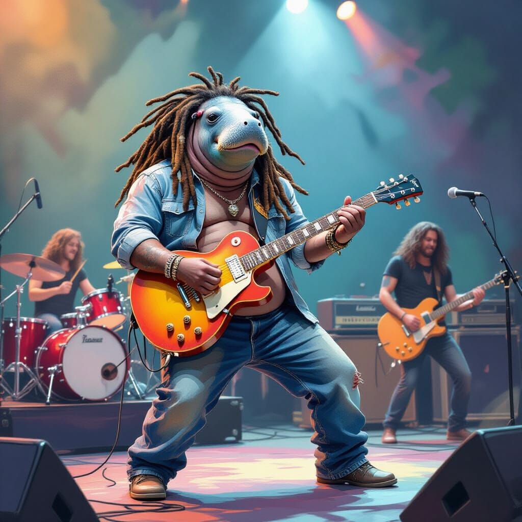 Happy Manatee Rocks Out with Band on Stage