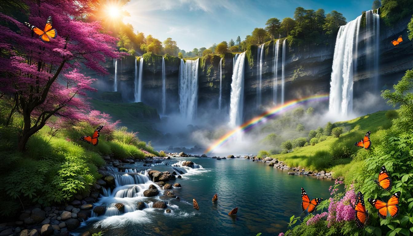 Majestic Mountain Landscape with Rainbow Waterfall