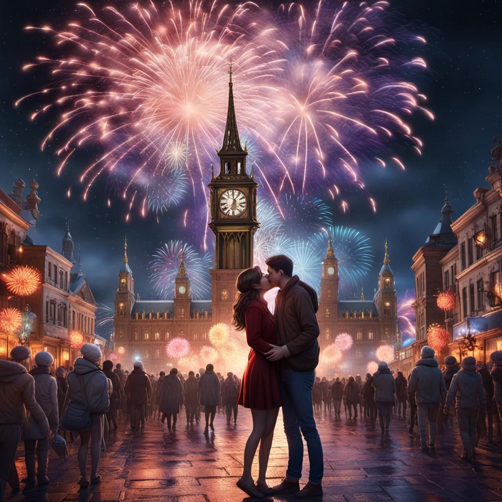 New Year's Eve Midnight Kiss in Detailed Digital Art