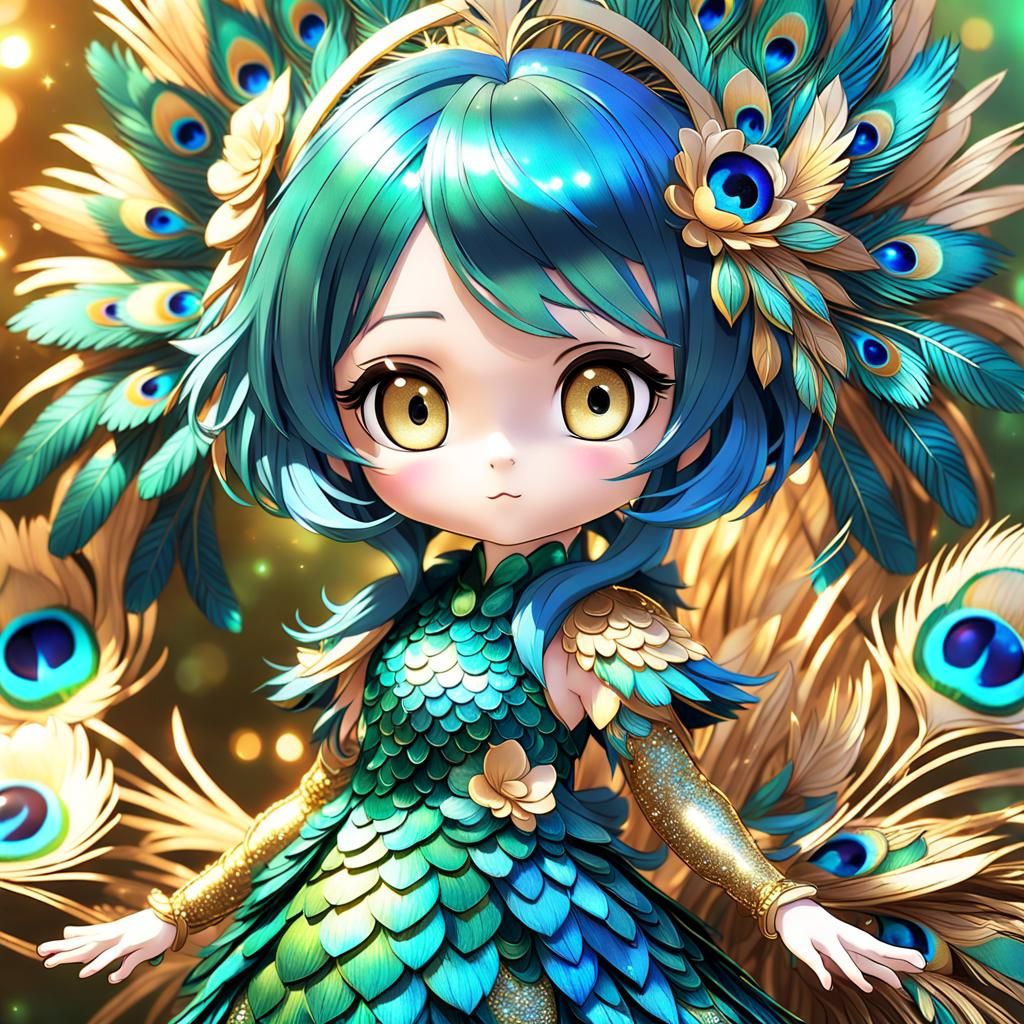 Vibrant Chibi Anime Girl in Iridescent Peacock Outfit